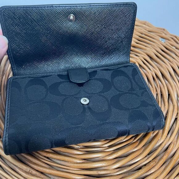COACH Signature C Black Logo Jacquard Leather TRIFOLD Wallet Change Purse Canvas - Picture 5 of 9